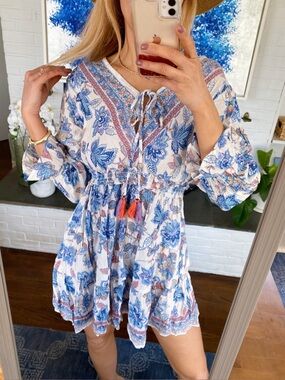 ANGIE White Blue Mini Dress with Blue Floral Print! 💙
